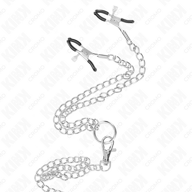 Anello pene in metallo cromato triplo con catena da 26 cm e morsetti capezzoli modello 1